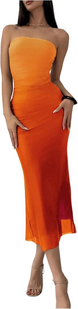GORGLITTER Women's Mesh Strapless Ruched Bodycon Maxi Dress Wedding Guest Prom Cocktail Summer Y2k Long Tube Dresses (Orange), S