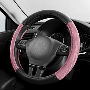 PIC AUTO Steering Wheel Cover, Silk Grain Leather Car Steering Wheel Protector, Comfortable Grip, Universal 14.5-15.5 Inch Anti-Slip Steering Wheels Accessories for Men & Women (Pink)