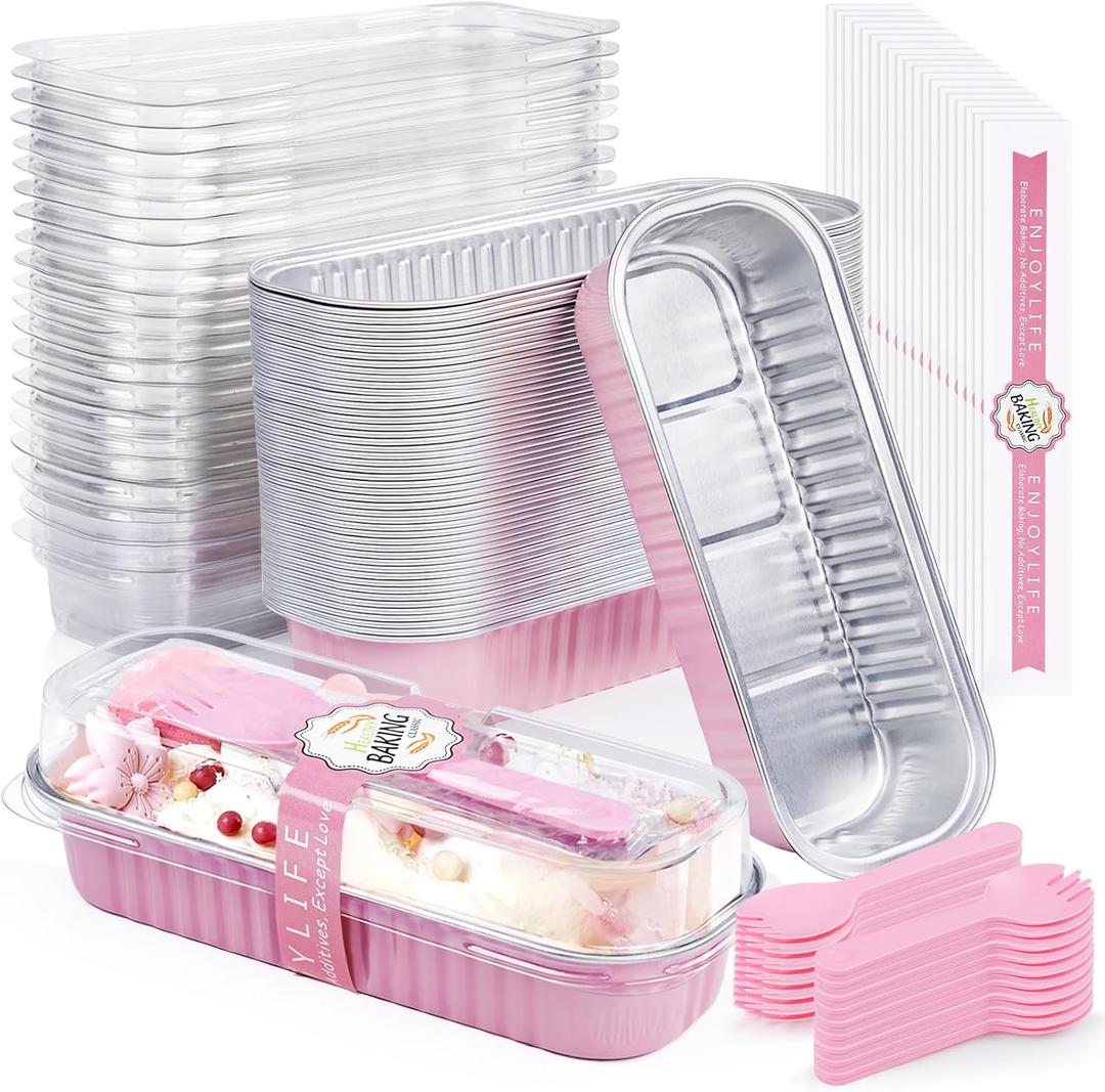 30pcs Mini Loaf Pans with Lids and Spoons Aluminum Foil, ZOXILEN Disposable 6.8oz/200ml Rectangle Cake Pans with Lids, Small Foil Cake Tins Bread Pan for Picnics Christmas Halloween Party Pink