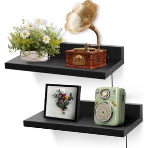 Small Floating Shelf for Wall,9X5 Inch Wall Mounted Shelf with Cord Hole,Small Display Shelves for Cameras, Webcam, Router,Smart Speaker,Action Figures-2 Pcs(Black