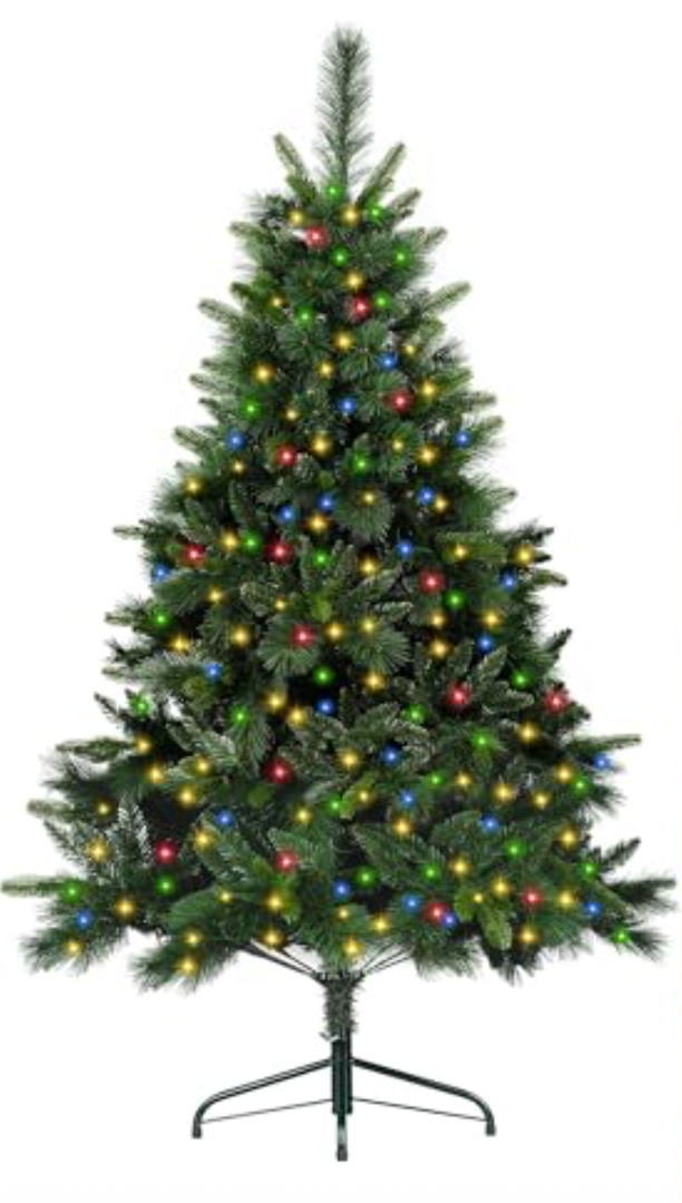 6.5Ft Prelit Classic Spruce Artificial Christmas Tree with LED Lights, PVC Needle Foliage, 'Feel Real' Artificial Full Christmas Tree with Timed Remote Control and Foot Switch Device, Christmas Decor