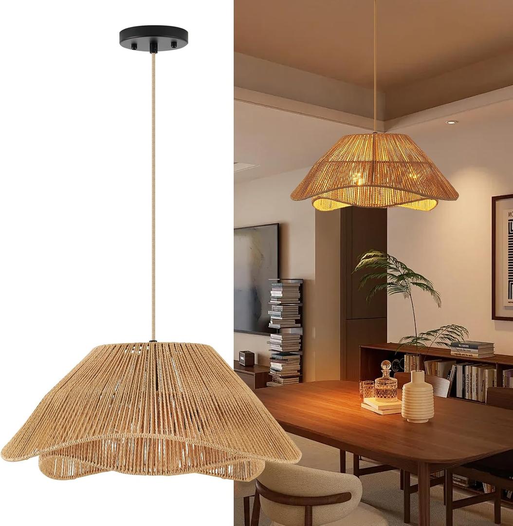 19.68" Rattan Pendant Light Fixture, 3-Light Boho Hanging Light Fixture Ceiling Mount, Bohemian Woven Wicker Flush Mount Hanging Lamp, Adjustable Rattan Chandelier for Kitchen Island Hallway (Brown-3 Light)