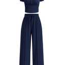 PRETTYGARDEN Womens 2 Piece Outfits Summer 2026 Ribbed Knit Button Short Sleeve Tops Casual Wide Leg Pants Lounge Sets Small