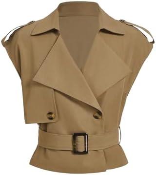 dGORGLITTER Women's Cropped Short Trench Coat Casual Dressy Belted Cap Sleeve Sleeveless Vest Coats Crop Going Out Jackets, M