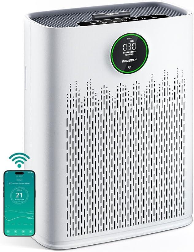 ECOSELF Smart Air Purifier for Home Large Rooms, with WiFi Control, Covers Up to 2400 Ft², Smart Mode, AQI Display, 22dB Sleep Mode & Aromatherapy with 2X-Power Filtration, HAP603WF, White