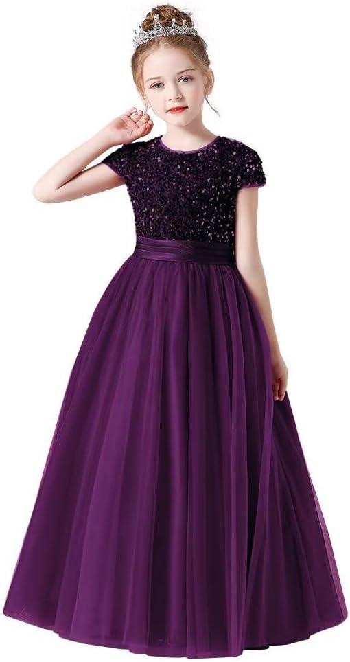 Flower Girl Dresses Wedding Bridesmaid Sequins Tulle Puffy Skirt Girls Birthday Party Pageant Gown Floor Length (8, Purple)