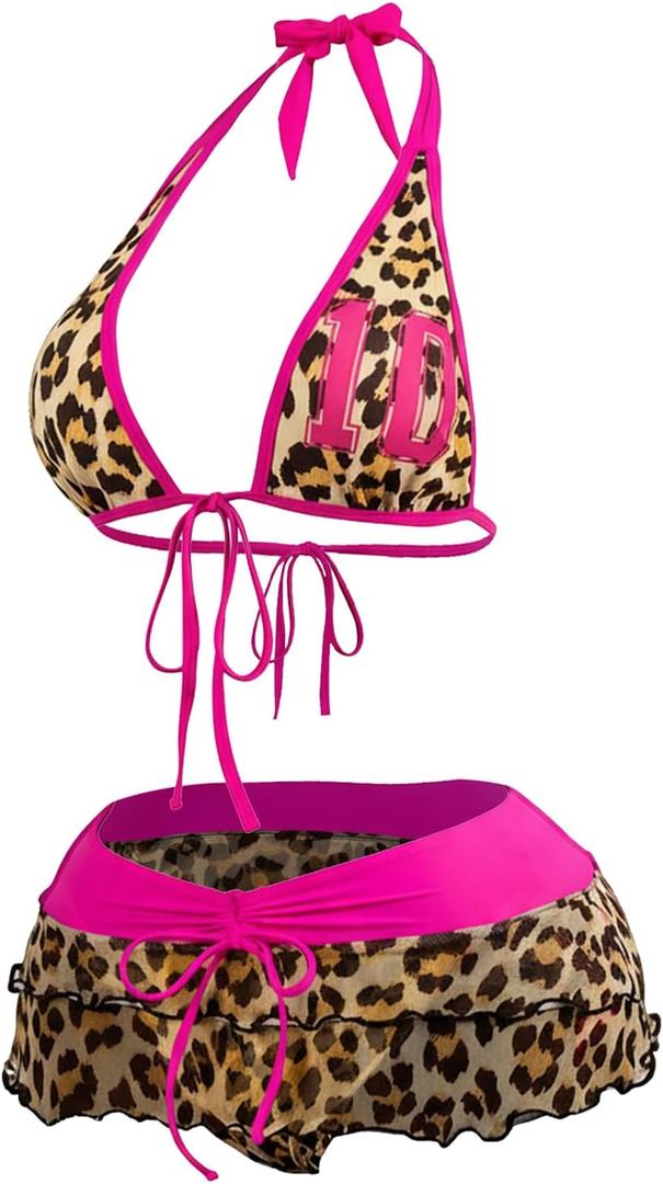 Floerns Women's 3 Piece Bikini Sets Y2k Number Jersey Leopard Halter Swimsuit with Beach Mesh Skirt (Small, Brown Multi)