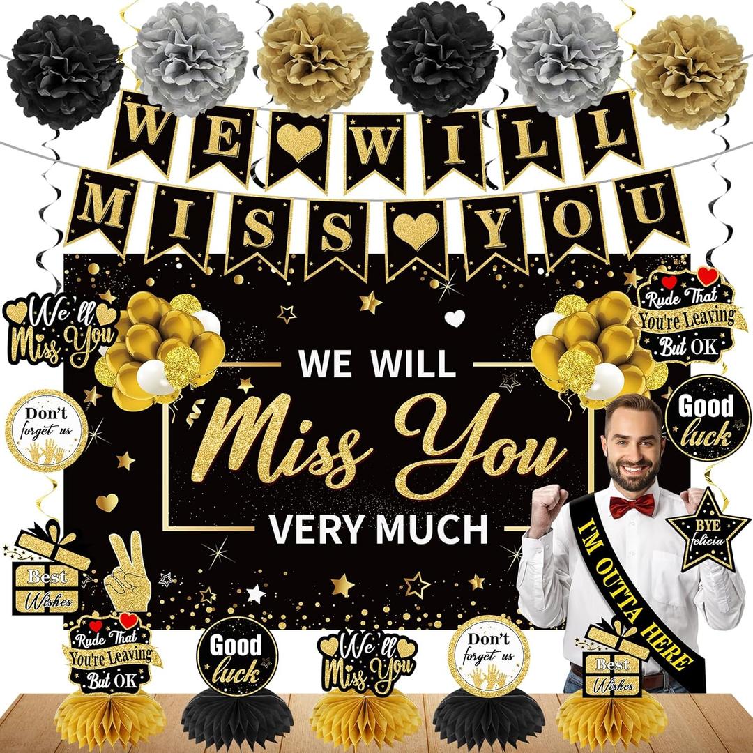 Retirement Party Decorations Supplies for Men Women, 45PCS Black Gold Farewell Decorations, We Will Miss You Banner Backdrop Table Toppers Hanging swirls Pompoms Going Away Party Decorations