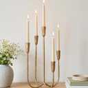 Denique 5-Arm Cast Iron Candelabra with LED Flameless Taper Candles and Remote, Tall Metal Vintage Candle Holder Centerpiece for Dining Table, Wedding and Event Decor, Gold