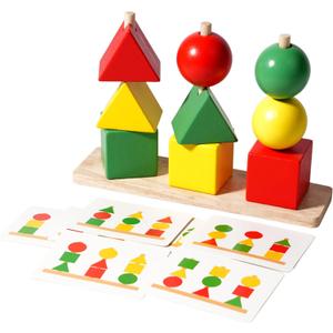 Wooden Sorting & Stacking Toys, Color Recognition Sensory Toys Shape Matching Game, Stacking Puzzle Building Blocks Learning Activities Fine Motor Skills Toy for 2 3 4 5 Years Old Kids