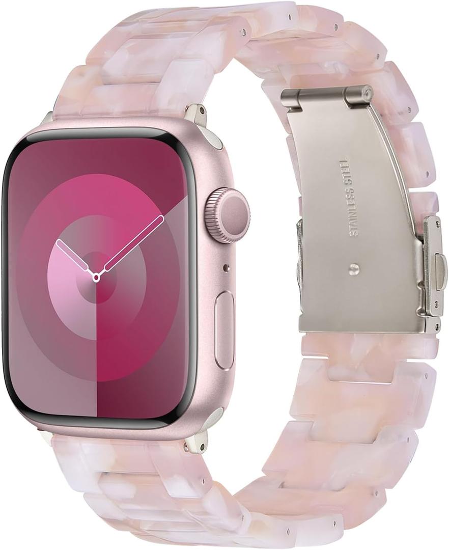 V-MORO Resin Bands Compatible with Apple Watch Series 11/10/9/8/7 41mm/42mm Fashion Dressy Lightweight Cute Strap with Starlight Buckle for iwatch Series SE/6/5/4/3/2/1/SE3(Floral Pink,42mm/41mm/40mm/38mm)