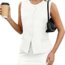Casly Lamiit Women's Two Piece Blazer Outfits Summer Skirt Set Button Down Vest Short Skort Crew Neck Business Casual Suit (Large, White)