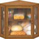 Corner Bread Box for Kitchen Counter, Bamboo Wood Large Capacity Bread Storage Bin with Acrylic Wavy Door Panel (Brown, Meduim) (Medium)