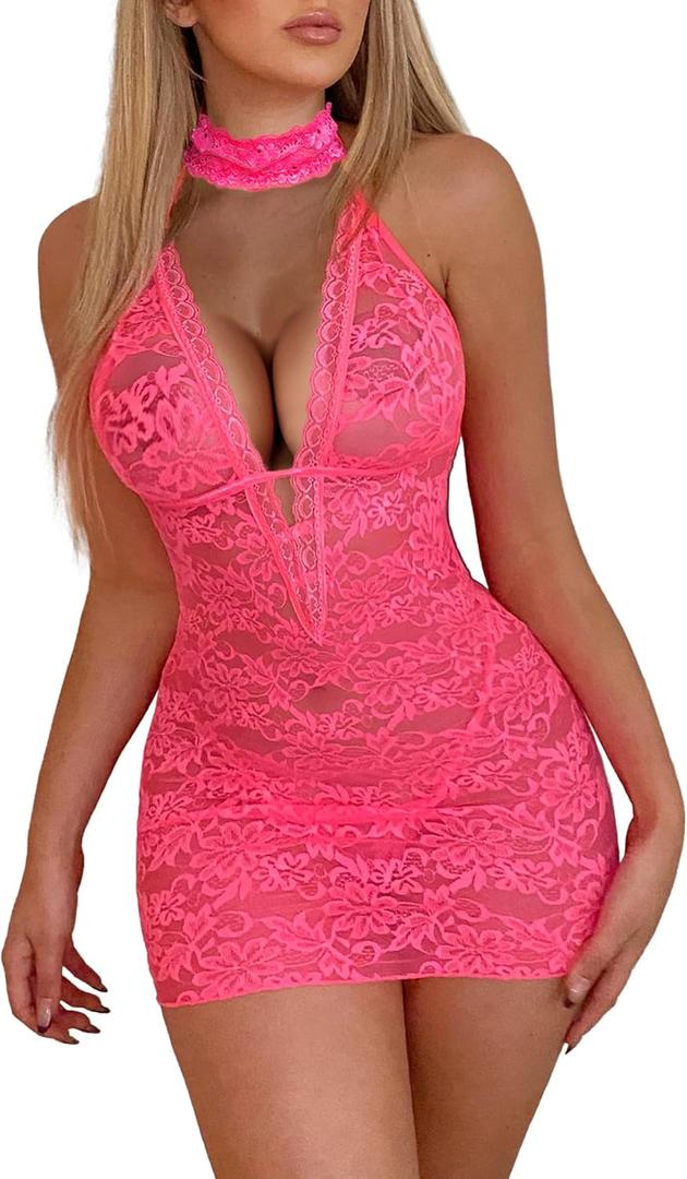 Avidlove Women Babydoll Lingerie Lace Chemise Halter Nightwear Teddy Dress (Small, Hot Pink)