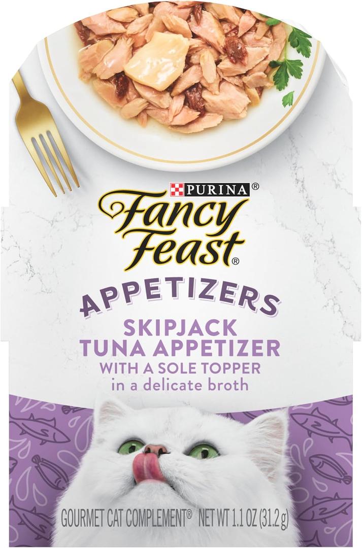 Purina Fancy Feast Appetizers Lickable Grain Free Wet Cat Food Topper Skipjack Tuna Appetizer with Sole - (Pack of 10) 1.1 Oz. Trays, BB Date 07/2027