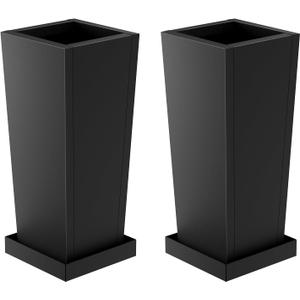 Metal Tall Outdoor Planters Set of 2, 26 inch Durable Tall Planters with Rust-Proof Coating & Drainage Insert Shelve & Trays, Black Outdoor Planters for Porch, Garden, Patio, Yard