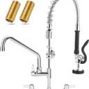Commercial Faucet with Sprayer, 25 Inch Height Commercial Sink Faucet Wall Mount with 8" Adjustable Center and 12" Add-on Swing Spout & Pull Down Pre Rinse Sprayer