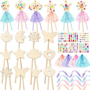 34 Pcs Make Your Own Princess Wand Kit 16 Unfinished Star Butterfly Crown Moon Fairy Wood Stick 6 Gem Stickers 4 Satin Ribbons 8 Mesh Decor for Princess Cosplay Party Accessories DIY Art Craft Making