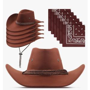 Zhanmai 12 Pcs Cowboy Hat and Bandana Cowboy Cowgirl Hats Bulk Western Party Costume Halloween Accessory Flax