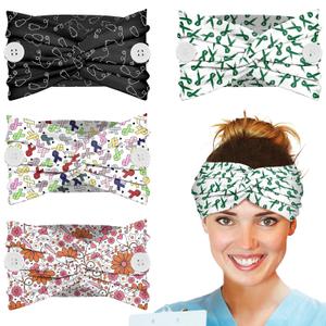 Plifal 4pcs Nurse Headbands for Women with Buttons Non Slip - Cute Cancer Doctor Nursing Sweat Wicking Head Bands, Elastic Wide Turban Soft Hair Bands Accessories for Medical Healthcare Work