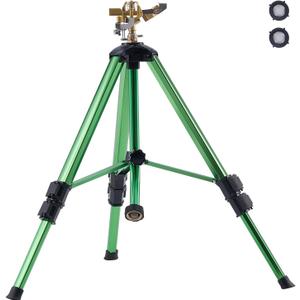 VEVOR Impact Sprinkler on Tripod Base, Heavy Duty Tripod Sprinklers with Brass Head & 3/4" Connector, 360 Degree Large Area Coverage Irrigation Sprinkler, Adjustable Heights, for Yard Green