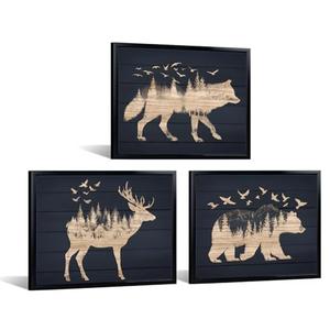 iKNOW FOTO 3 Piece Framed Animal Canvas Wall Art Set 12x16 Inch Rustic Wolf Deer Bear Prints Woodland Forest Silhouette Artwork with Black Frame for Living Room Bedroom Lodge