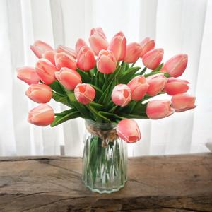 KOILLUXU Artificial Flowers 30pcs Bouquet 14" Tall Real Touch Tulips, Peach Pink PU Fake Tulips Flowers for Arrangement Wedding Party or Easter Spring Home Centerpiece Dining Room Office Table Dcor.