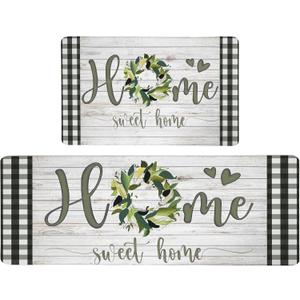 Qahing Farmhouse Kitchen Rugs Mats Sets of 2 Cushioned Anti Fatigue Kitchen Mats for Floor Spring Non Slip Memory Foam Kitchen Floor Mats Waterproof Comfort Standing Mats for Sink, 17.3"x28"+17.3"x47"