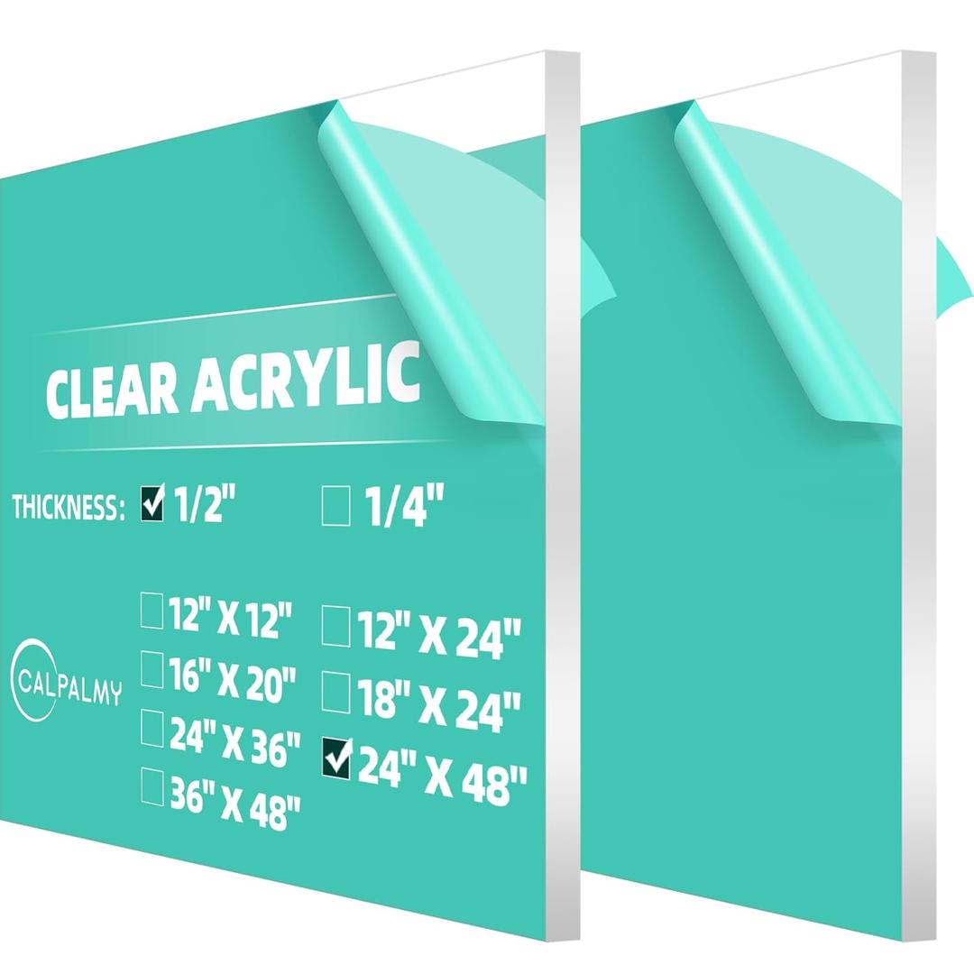 CALPALMY (2 Pack) 1/2" Thick Clear Acrylic Sheets 24" x 48", Pre-Cut Plexiglass Sheets for Craft Projects, Acrylic Signs, Display Cases or Shelving and More - Easy to Cut with Power Saw etc
