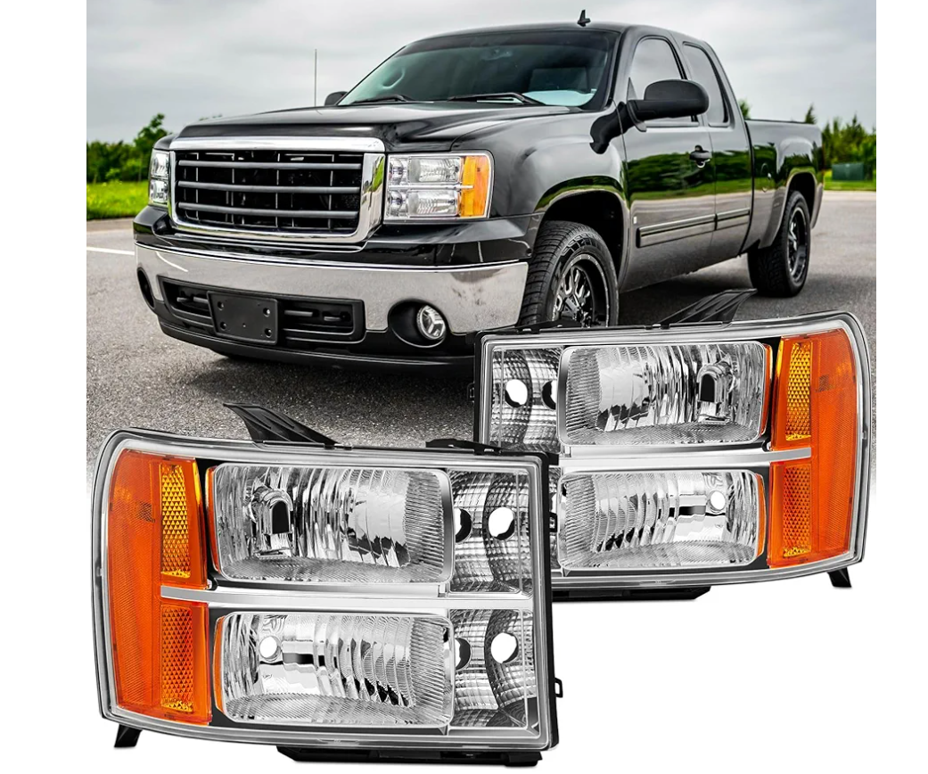 Headlight Assembly Set For 2007 2008 2009 2010 2011 2012 2013 GMC Sierra 1500 Hybrid Pickup/2007-2014 Sierra 2500/3500HD Truck Replacement Headlamps Chrome Housing Clear lens Left&Right side(LH&RH)