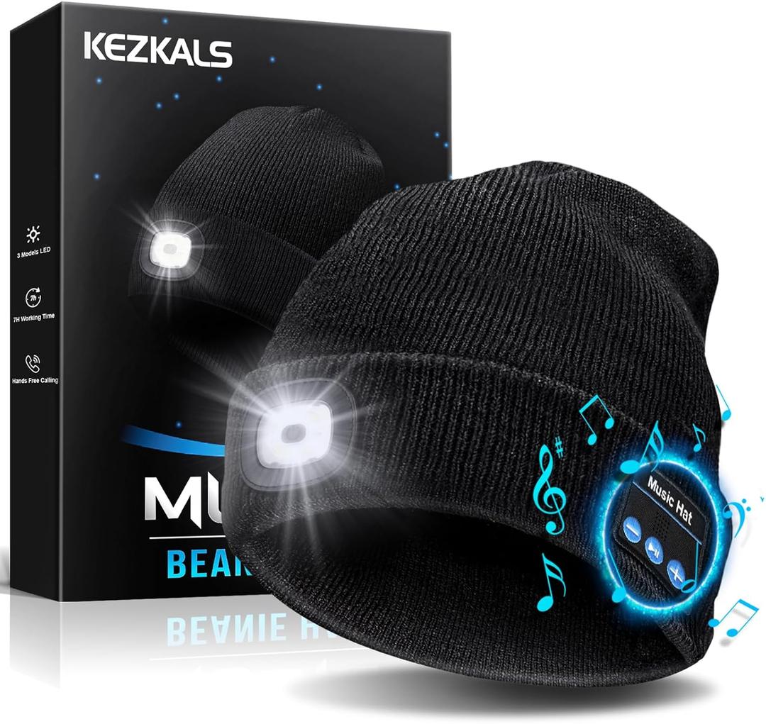 KEZKALS Gifts for Men LED Bluetooth Beanie Hat Camping Hiking Accessories, Gifts for Men Who Want Nothing, Cool Gadgets Anniversary Birthday Gift for Dad Husband Him Boyfriend, Cool Gadgets Black