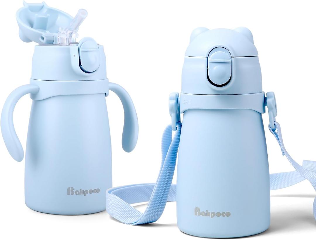 Bakpoco Stainless Steel Straw Sippy Cup for Toddlers 1-3 Years Old, Insulated Toddler Water Bottle Baby Training Tumbler with Handles & Strap, 9oz Kids Straw Cups for Travel Daycare, Blue Bear 1-Pack