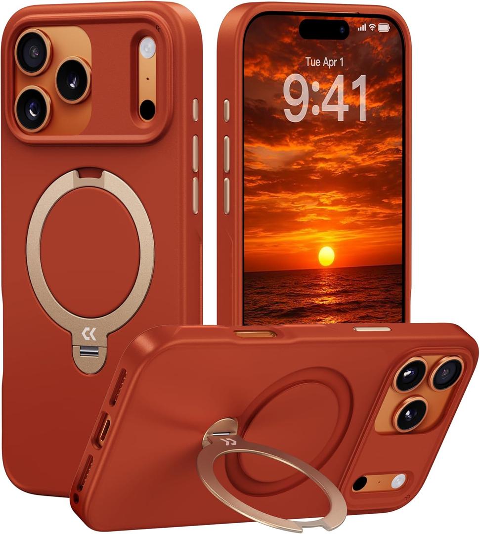 CASEKOO Twilight Orange Designed for iPhone 17 Pro Case with Spin Magnetic Stand [16FT Military Protection] [Non-Slip Edge] [Fit for MagSafe] Shockproof for iPhone 17 Pro case with Stand 6.3''