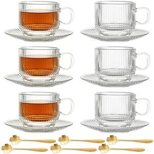 Atarvana 6 Pack Glass Tea Cups and Saucers Set with Spoons, Glazeal Stackable 5.41oz/160ml Heat-Resistant Espresso Cups, Transparent Tea Glass for Cappuccino, Latte, Cafe and Home Kitchen Use