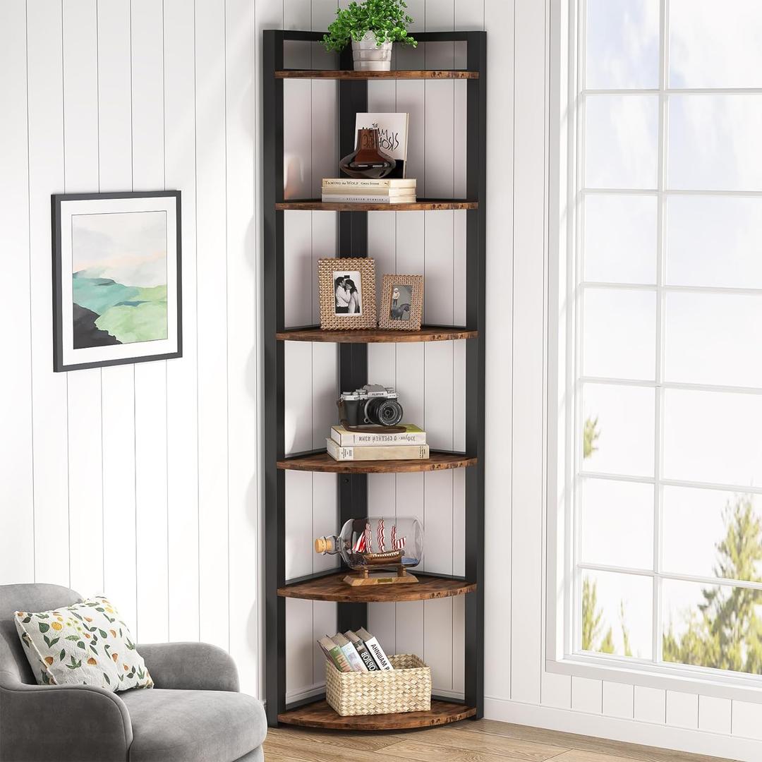 Tribesigns 6 Tier Corner Shelf, 70.9 Inch Tall Corner Bookshelf Small Bookcase Rustic Corner Shelving Unit Storage Rack for Living Room, Home Office, Kitchen, Small Space (Brown)