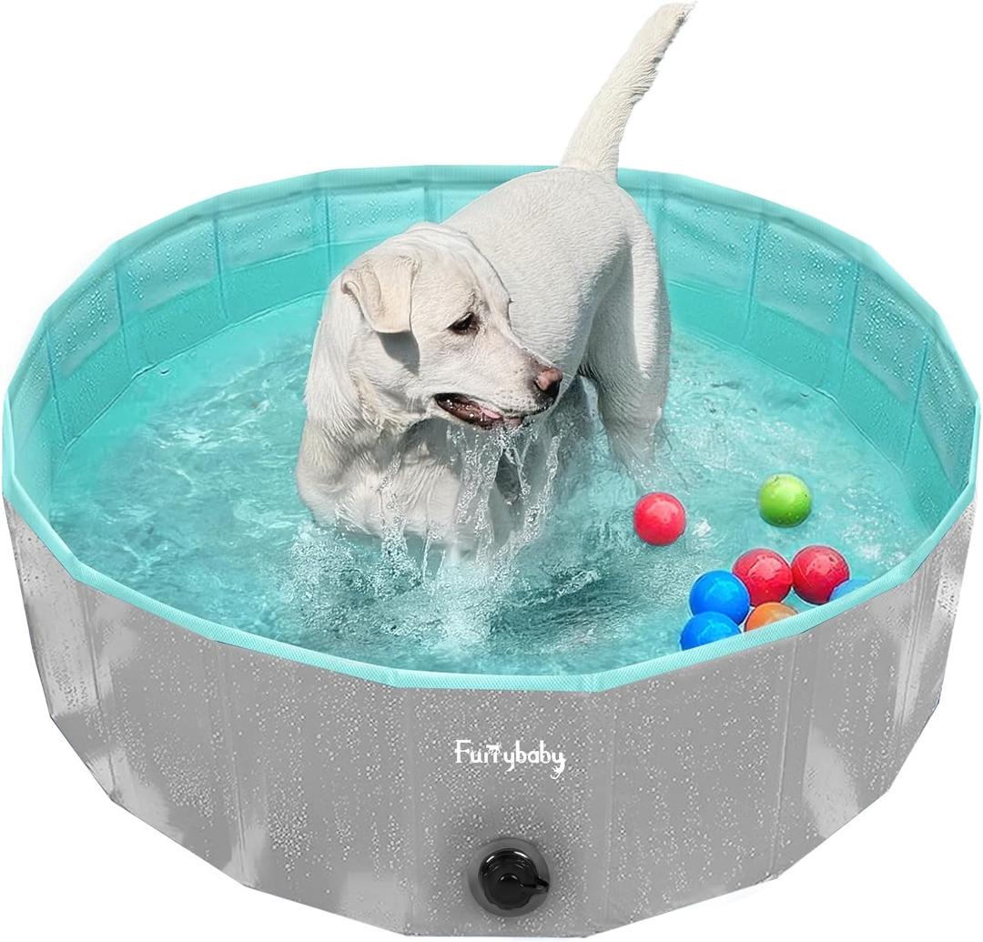 Furrybaby Foldable Dog Pool, Kiddie Pool Hard Plastic, Collapsible Pet Bath Portable Dog Swimming Pool for Pet, Dogs and Cats Grey 32''