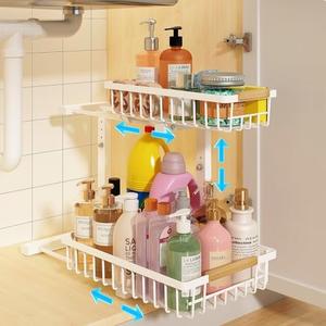 REALINN Under Sink Organizer, Height Adjustable Under Sink Organizers and Storage, 2 Tier Pull Out Drawer Cabinet Storage for Kitchen Bathroom, 1 Pack, White