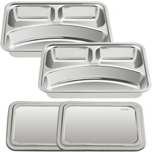 VENTION Child Stainless Steel Rectangular Divided Plates, 3 Sections Dinner Plates, Serving Tray with Lid Set of 2