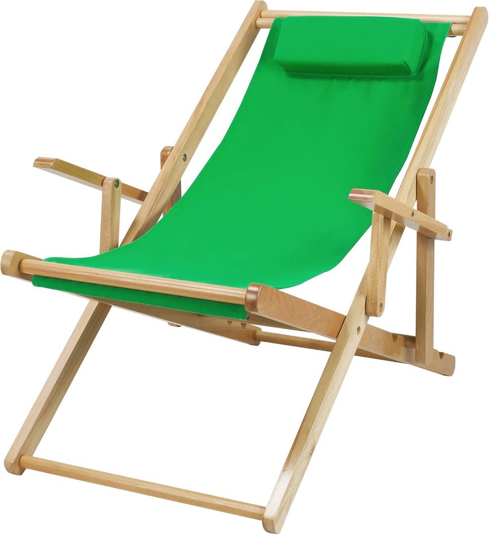 Casual Home Adjustable Sling Canvas Solid Wood Reclining Chair, Natural Frame/Green Canvs