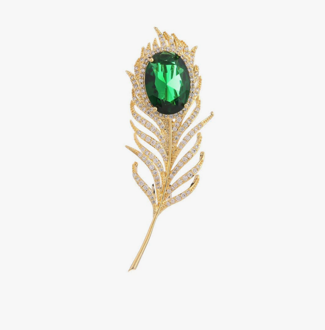 14K Golden Plated Feather Brooch Pin for Women Men With Simulated Emerald Cubic Zirconia Rhinestone Lapel Suit Badges Brooches Pins Fashion Delicate Corsage Scarfts Jewelry Gifts Wedding Birthday