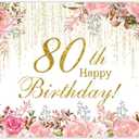 Happy 80th Birthday Backdrop Pink Watercolor Floral Golden Curtains Backdrop for Women Grandma Theme Birthday Party Decorations Banner Stylish Photography Background Studio Props 7x5ft