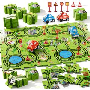 Bennol Toddler Toys Gifts for 2 3 4 5 Year Old Boys, 56pcs Jigsaw Puzzle Race Track Car Set for Kids Boys Toddlers 1-3 2-4 3-5 4-6, Puzzle Tracks Car Toys Gifts for 2 3 4 5 Year Old Boy Kid