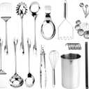 COOK WITH COLOR Kitchen Utensil Set - premium Nonstick & Heat Resistant Kitchen Gadgets, Turner, Spaghetti Server, Serving Spoons, Whisk, Tongs, Masher & Utensil Holder, 28-piece Stainless Steel