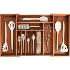 KitchenEdge Premium Silverware, Flatware and Utensil Organizer for Kitchen Drawers, Food-Safe Contract Grade, Expandable from 16 to 28 In, Natural Acacia