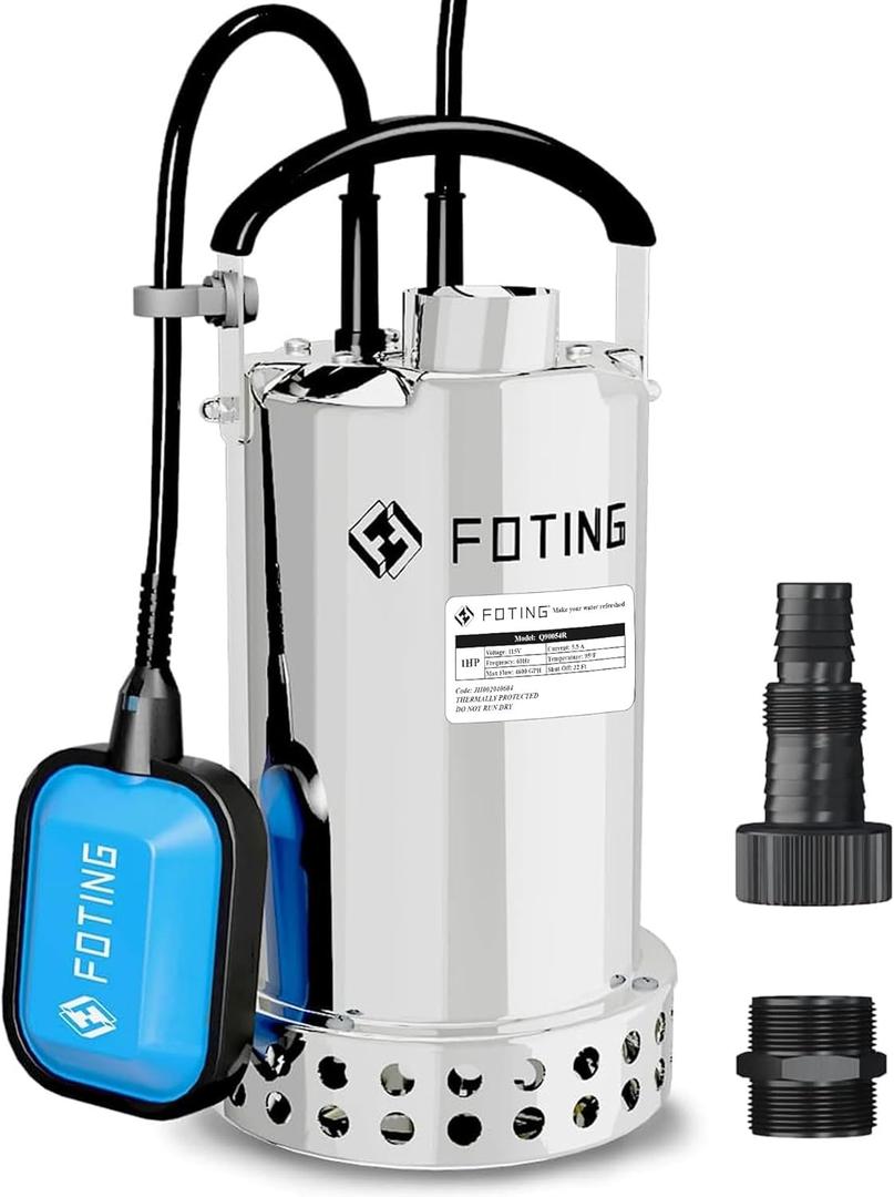 FOTING Full 304 Stainless Steel Sump Pump with Float Switch - 1HP 4600GPH Automatic Submersible Water Pump Fast Water Removal in Pools, Basements, Sewage, Hot Tubs Heater Flush Pit, ponds w/ 16FT Cord