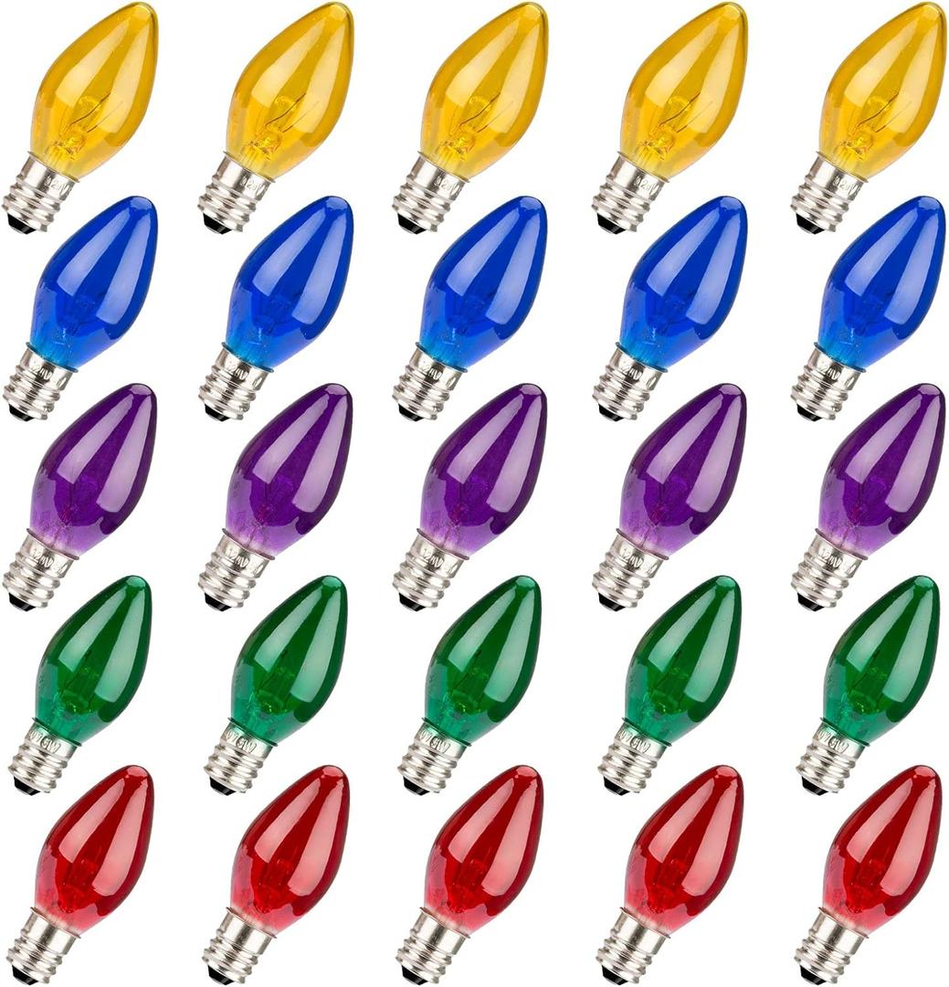 haraqi 25 Pack 5W 120 Volt E12 Socket C7 Multicolor Christmas Replacement Bulbs, C7 Outdoor Indoor String Light Replacement Bulbs