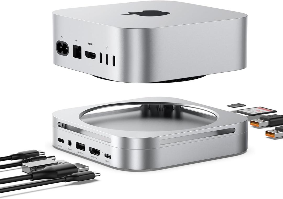 Mac mini M4 Dock & Hub with 8TB NVMe SSD Enclosure, 4K@60Hz HDMI, 2x10Gbps USB A, 1x5Gbps USB A, USB-C Charge, SD/TF, Audio 3.5mm, Stand Docking Station for Mac mini M4/M4 Pro Silver