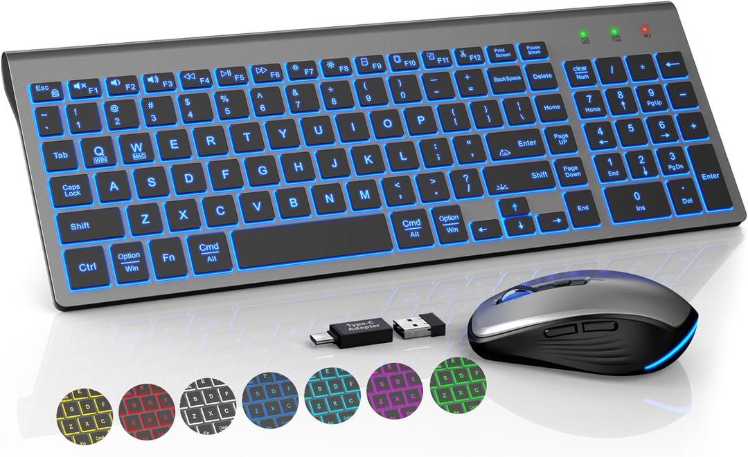 Wireless Keyboard and Mouse Combo Backlit - Compact Quiet Keyboard with RGB Mouse, Rechargeable, Slim, Sleep Mode, Portable Cordless Keyboard Mouse Set for Mac, Windows (Space Gray) - SABLUTE KM61PRO
