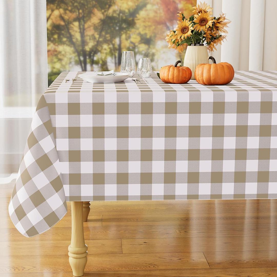 misaya Rectangle Waterproof Vinyl Table Cloth, Buffalo Flannel Backed Tablecloth, Wipeable Plastic Table Cover for Fall, Thanksgiving (60" x 84", Khaki and White)