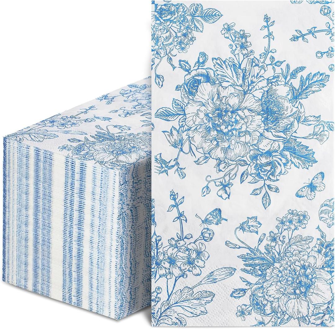 NatNarr 100 Pcs Blue Floral Guest Napkins Disposable Hand Towels for Bathroom Blue and White Paper Napkins Decorative Toile Napkin Chinoiserie Napkin for Wedding, Bridal & Baby Shower, Tea Party